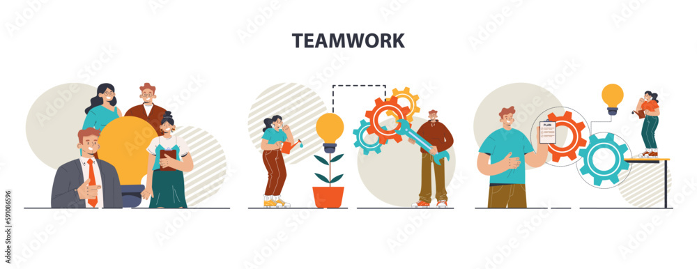 Fototapeta premium Teamwork set. Office characters collaborating for additional business