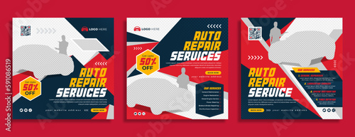 Auto repair service business marketing social media banner post template. Car wash or bike cleaning workshop online commercial ad or web poster. Automobile sale, maintenance or rent promotion flyer.