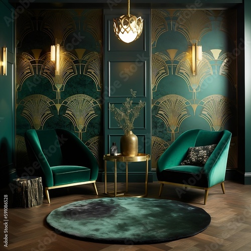 Art Deco design Green sitting area, Art Deco wallpaper, art deco statement wall, art deco, statement wall, sitting area, green room, emerald green, living room, sitting room, art deco light, AI image