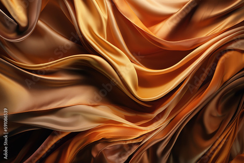 A swirl of silk, satin material in brown, yellow and gold for a luxurious background. Generative AI.