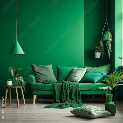 Green room, living room, tonal greens, plants, lamp, green walls, green sofa, couch, hanging plants, AI generated image, AI, AI Design