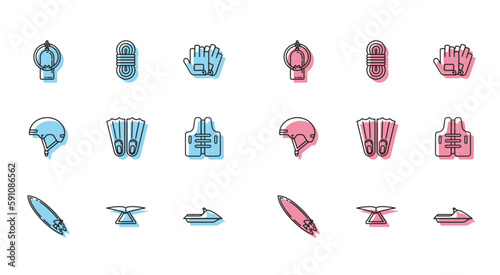 Set line Surfboard, Hang glider, Aqualung, Jet ski, Rubber flippers for swimming, Life jacket, Helmet and Climber rope icon. Vector