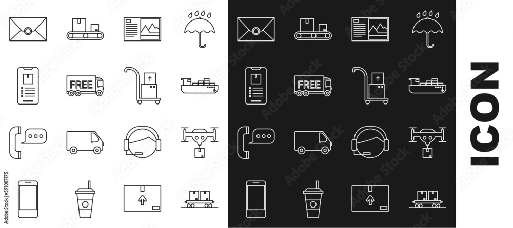 Set line Railway carriage, Delivery drone with the package, Cargo ship boxes delivery service, Postcard, Free, Mobile phone app tracking, Envelope and Hand truck and icon. Vector