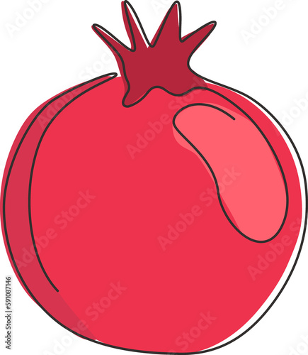 One single line drawing whole healthy organic pomegranate for orchard logo identity. Fresh fruitage seeds concept for fruit garden icon. Modern continuous line draw design vector graphic illustration