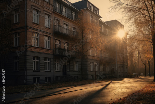 Fototapeta Naklejka Na Ścianę i Meble -  typical berlin apartment building in the sunrise created with Generative AI technology