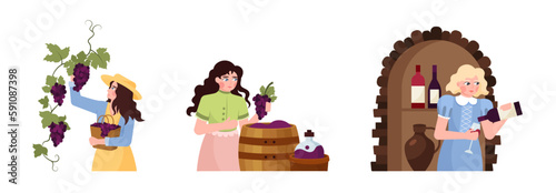 Set of female cartoon characters making wine from organic grapes. Women dealing with winemaking process. Group of young people making alcohol drinks. Vector