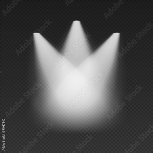 Three white cone lights from top with darkened edges. Volumetric spotlight effect on dark background. Empty limelight in studio or concert scene. 3d rendering.