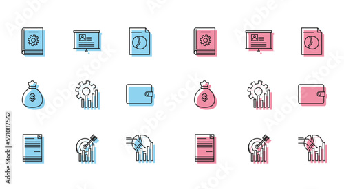 Set line Document, Target with graph chart, User manual, Pie infographic, Wallet, Money bag and Board resume icon. Vector