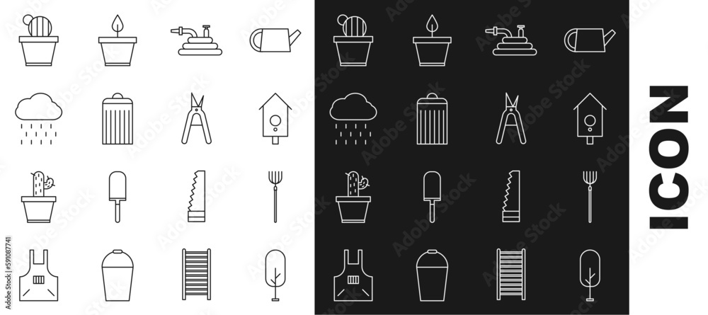 Set line Tree, Garden pitchfork, Retro wall watch, hose fire hose, Trash can, Cloud with rain, Cactus and succulent pot and Gardening handmade scissors icon. Vector Set line Tree, Garden pitchfork, Retro wall watch, hose fire hose, Trash can, Cloud with rain, Cactus and succulent pot and Gardening handmade scissors icon. Vector