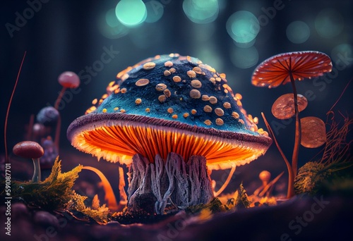 Fantasy Mushroom in mistry forest. Generative AI