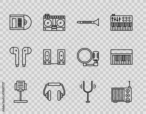 Set line Music stand, Radio with antenna, Clarinet, Headphones, Vinyl disk, Stereo speaker, Musical tuning fork and synthesizer icon. Vector