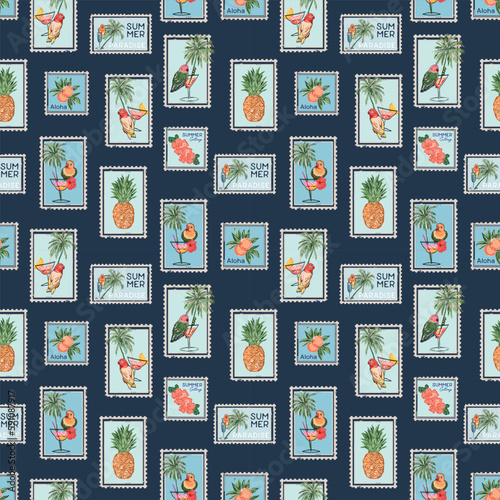 Trendy Summer Vacation Seamless pattern. Travel in Summer Vibes , Stamp , Bird ,Hibiscus flower