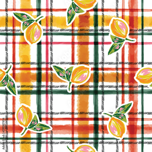 Trendy seamless Summer Vacation Seamless pattern. Summer fruit, Lemon , Oranges on Hnad paint check plaid  vector hand drawn style