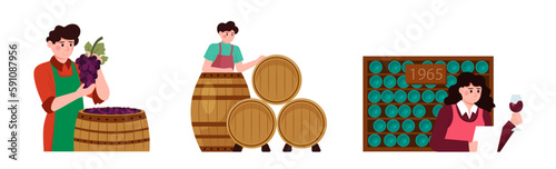Set of cartoon characters dealing with wine production. Young man and woman growing organic grapes to make alcohol drinks. Time for vinification. Vector