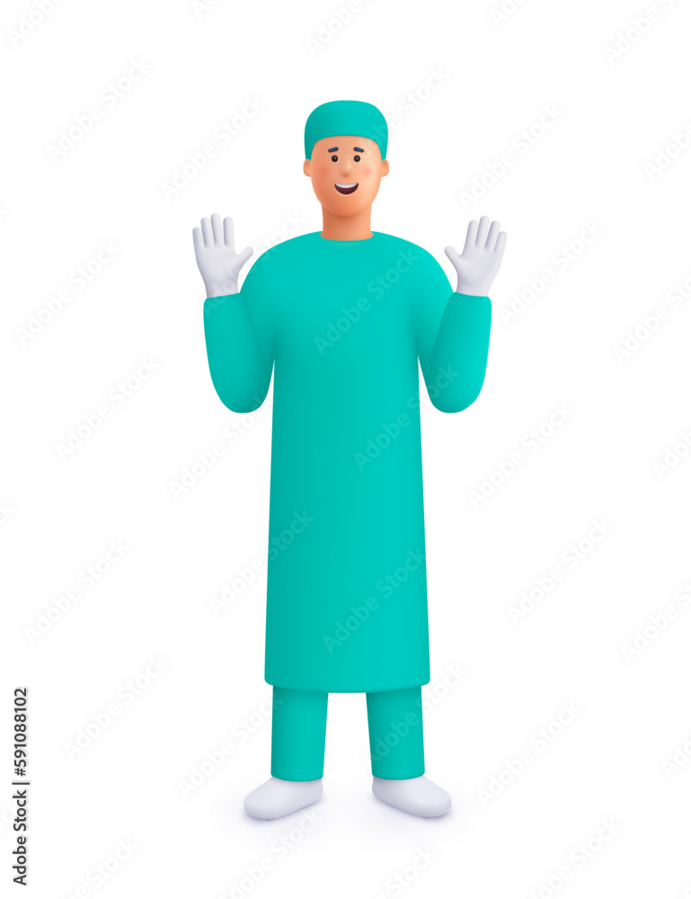 Young smiling man, doctor surgeon in uniform and gloves with hands up.Medicine, healthcare and surgery concept. 3d vector people character illustration.Cartoon minimal style. Young smiling man, doctor surgeon in uniform and gloves with hands up.Medicine, healthcare and surgery concept. 3d vector people character illustration.Cartoon minimal style.