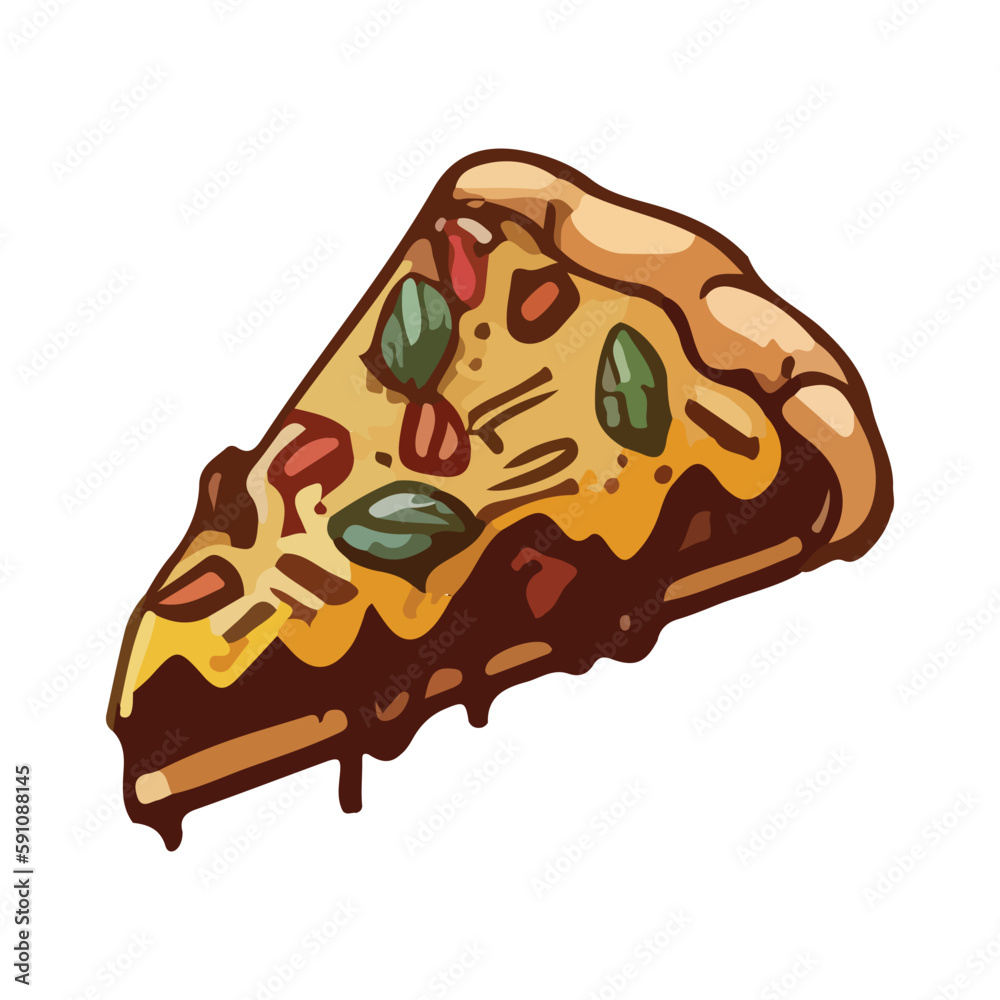 Slice of pizza vector flat icon. Isolated Italian food pizza emoji illustration. Vector illustration in cartoon style. Unhealthy food. Sausage, olives, green peppers and cheese. 