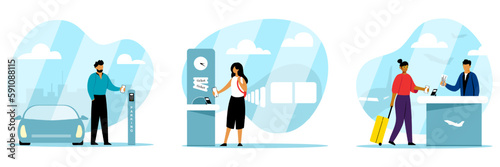 Set of cartoon characters paying for services using smartphones. Process of cashless payment for parking, tickets. Modern secure banking services. Vector