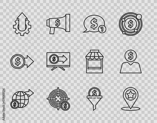 Set line Earth globe with dollar, Map pointer star, Speech bubble, Target symbol, Arrow growth gear business, Monitor, Lead management and Business planning mind icon. Vector