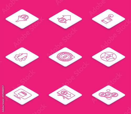 Set line Lead management, Financial growth and coin, Hand touch tap gesture, Arrow gear business, Target with dollar symbol, Star, Online shopping concept and Monitor icon. Vector