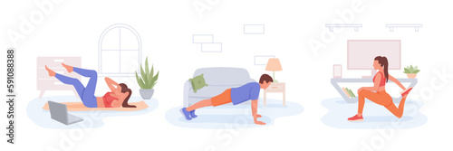 Set of cartoon characters of young athletic people doing sports at home. Time for abdomen exercises, planking and stretching. Morning workout to loss weight. Active and healthy lifestyle. Vector
