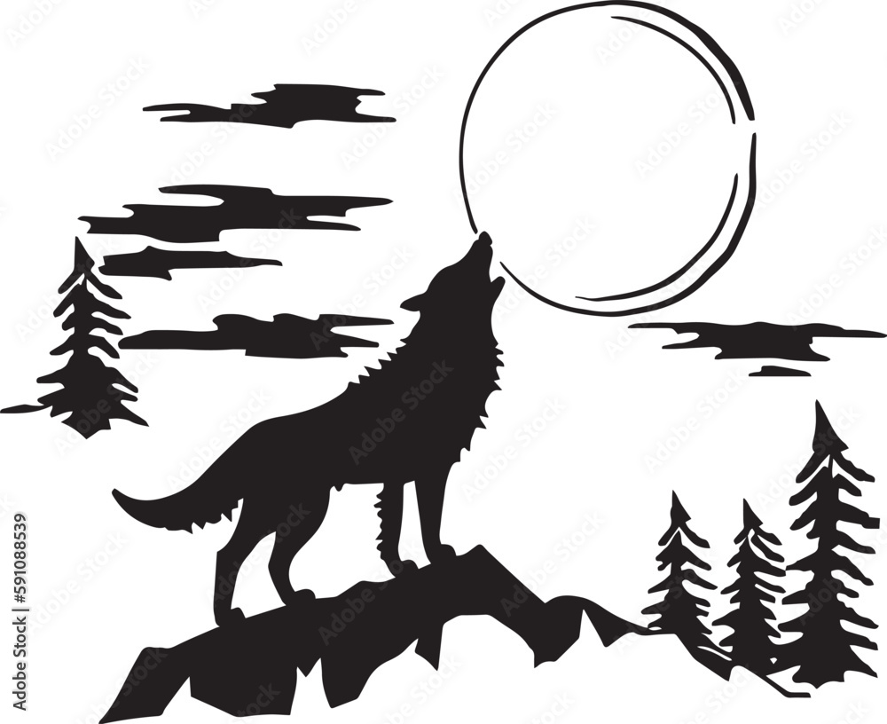 Wolf stands on a rock and howls at the moon vector illustration, SVG ...