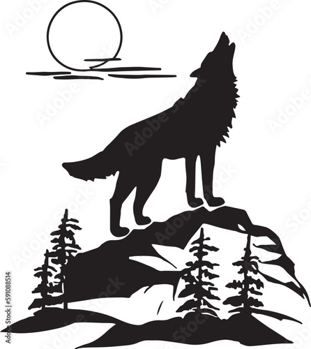 Wolf stands on a rock and howls at the moon vector illustration, SVG
