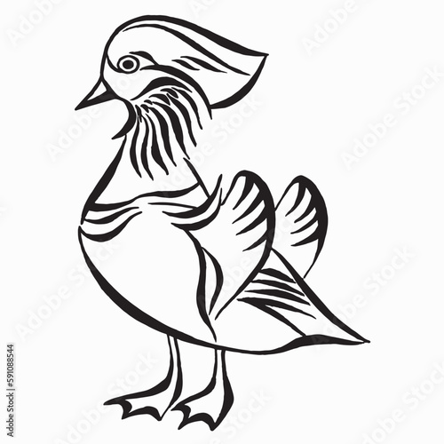 Mandarin duck silhouette drawing. Vector illustration of mandarin drake isolated on white background. Calligraphy image. Linear drawing. Template for logo, emblem, sign.