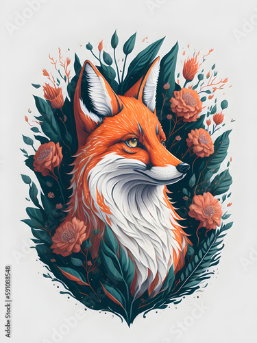 Stare Fox with flower vector art, generative ai