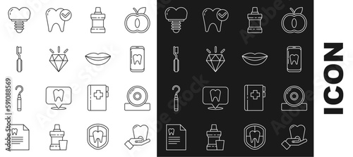 Set line Tooth, Otolaryngological head reflector, Online dental care, Mouthwash plastic bottle, Diamond teeth, Toothbrush, Dental implant and Smiling lips icon. Vector
