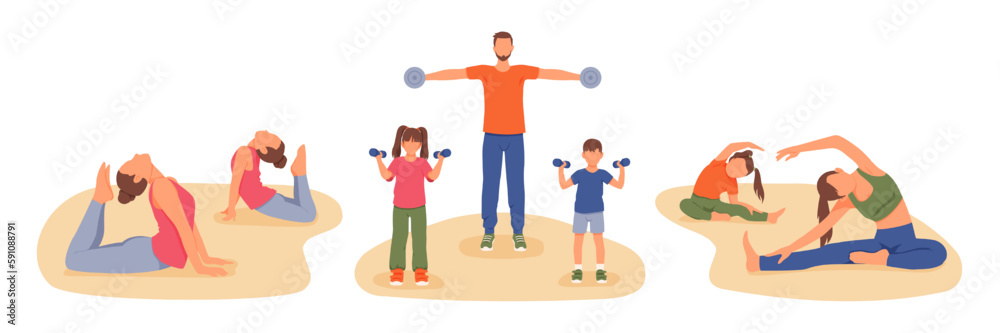Set of athletic cartoon characters of parents and their kids doing sports together. Active and healthy lifestyle. Yoga, fitness and pilates. Exercising indoor with kids. Vector Set of athletic cartoon characters of parents and their kids doing sports together. Active and healthy lifestyle. Yoga, fitness and pilates. Exercising indoor with kids. Vector