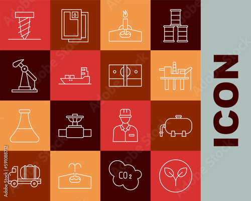 Set line Bio fuel, Oil industrial factory building, platform the sea, rig with fire, tanker ship, pump pump jack, Rotating drill digging hole and Stacks paper money cash icon. Vector
