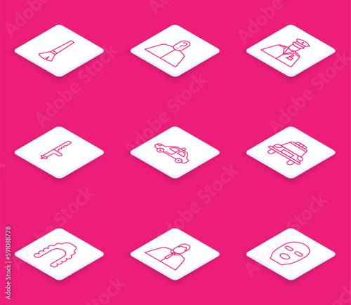 Set line Paint brush, Anonymous with question mark, Police officer, rubber baton, car and flasher, Judge wig and Lawyer, attorney, jurist icon. Vector