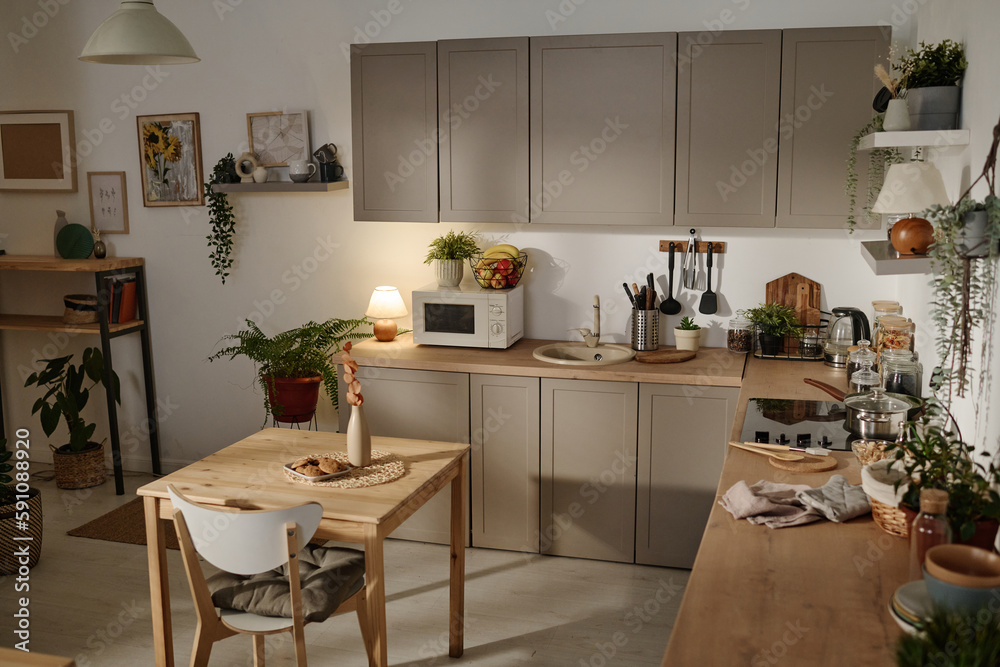 Horizontal image of modern interior of domestic kitchen with table and kitchen utensils