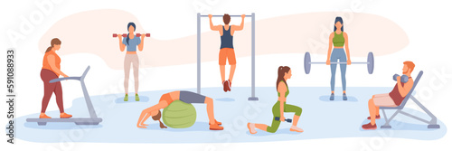 Set of different cartoon characters of young people doing sports. Boosting confidence with sports and workouts. Regular physical activity. Time to loss weight. Vector