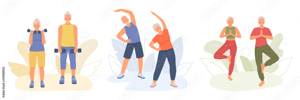 Set of positive cartoon characters of senior people doing sports together. Healthy and active lifestyle for old people. Time for fitness. Smiling grandparents doing morning exercises and yoga. Vector Set of positive cartoon characters of senior people doing sports together. Healthy and active lifestyle for old people. Time for fitness. Smiling grandparents doing morning exercises and yoga. Vector