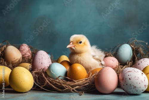 cute chick in nest with easter eggs on blue wall background. Easter card. Pastel colors