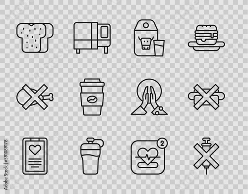 Set line Medical clipboard, No doping syringe, Paper package for milk, Fitness shaker, Bread toast, Coffee cup go, Mobile with heart rate and junk food icon. Vector