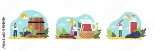 Set of cartoon characters of women dealing with wine production. Process of winemaking using organic grapes. Making alcoholic drinks. Wine production industry. Vector