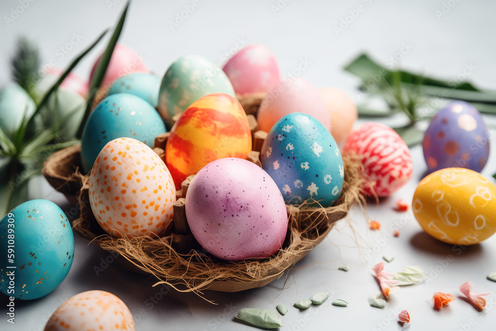 Obraz premium Composition with multicolored easter eggs in nest. Generative AI. Easter card 