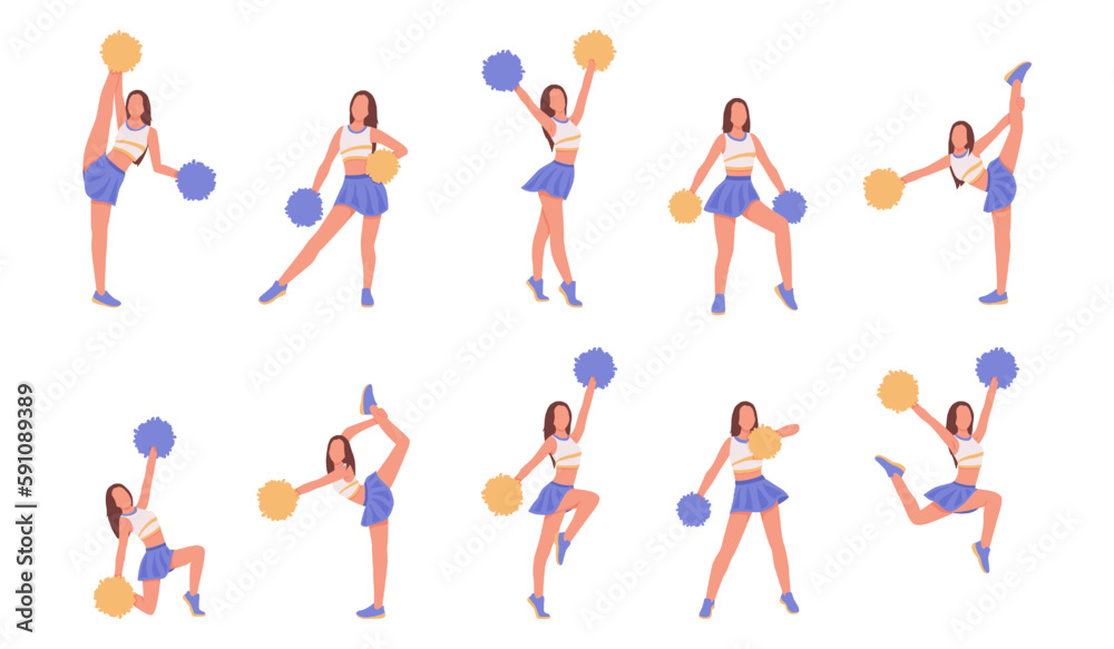 Set of cartoon character of young cheerleader in action. Sports fan uniform. Active and healthy lifestyle. Support performance to motivate sports teams. Vector