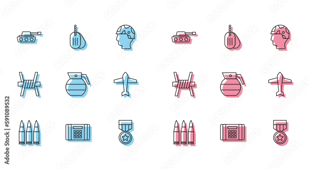 Set line Bullet, Dynamite bomb, Military tank, reward medal, Hand grenade, Jet fighter, Barbed wire and dog tag icon. Vector Set line Bullet, Dynamite bomb, Military tank, reward medal, Hand grenade, Jet fighter, Barbed wire and dog tag icon. Vector