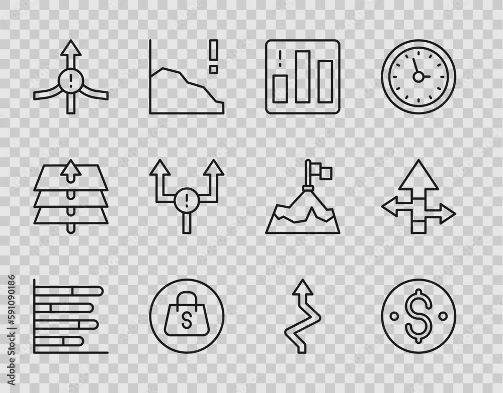 Set line Pie chart infographic, Dollar symbol, Shopping bag with Sale, Arrow, and icon. Vector Set line Pie chart infographic, Dollar symbol, Shopping bag with Sale, Arrow, and icon. Vector