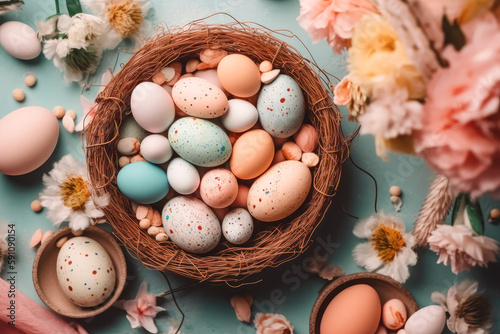 Top view of colored eggs in wicker basket and flowers in pastel toned. Easter composition 