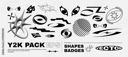 Vector Graphic Assets Set. Bold modern Shapes for Posters Template, flyers, clothes, social media, graphic design, sticker, In Y2k style, Futuristic, Anti-design, Retro Futurist.