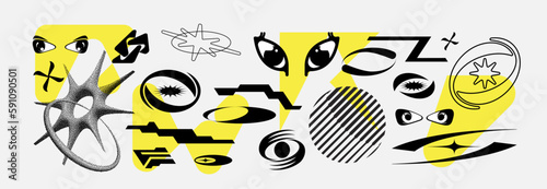 Vector Graphic Assets Set. Bold modern Shapes for Posters Template, flyers, clothes, social media, graphic design, sticker, In Y2k style, Futuristic, Anti-design, Retro Futurist.