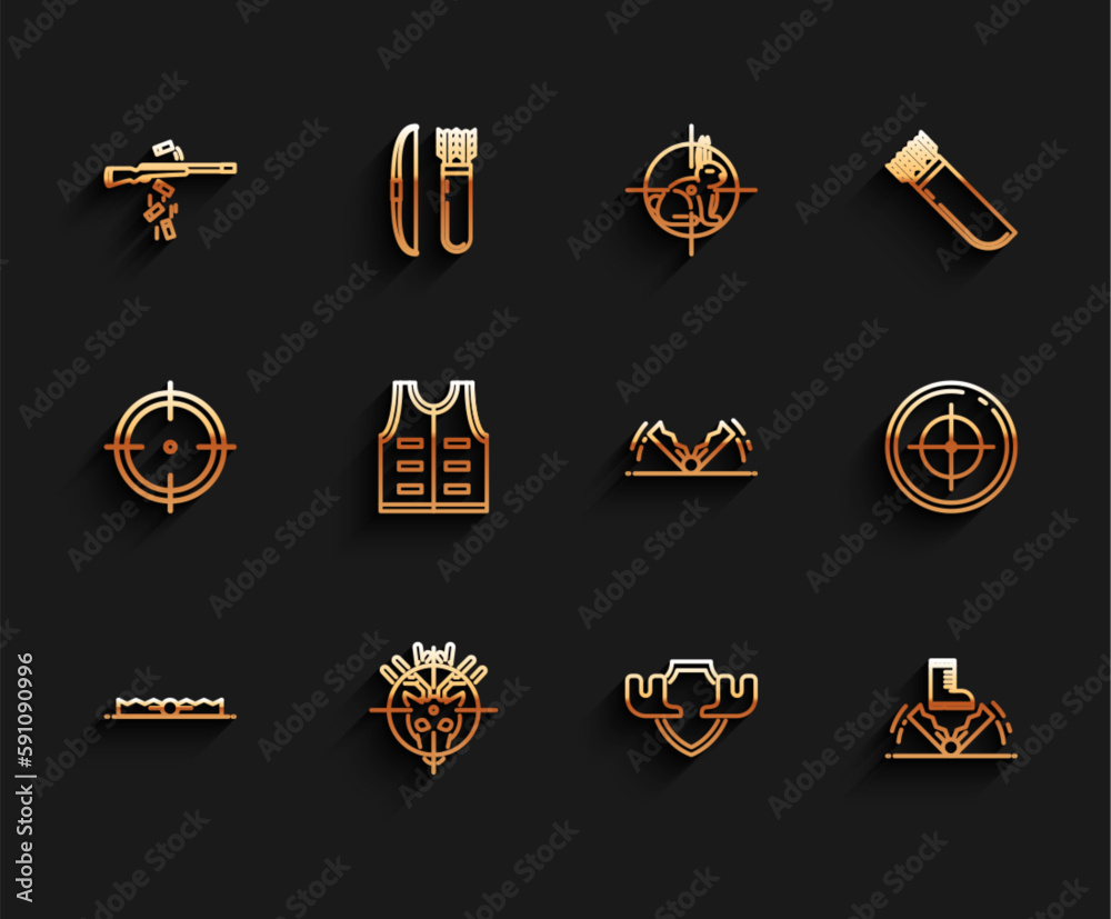Set line Trap hunting, Hunt on deer with crosshairs, Gun shooting, Moose horns shield, Hunting jacket, Target sport for competition and icon. Vector Set line Trap hunting, Hunt on deer with crosshairs, Gun shooting, Moose horns shield, Hunting jacket, Target sport for competition and icon. Vector