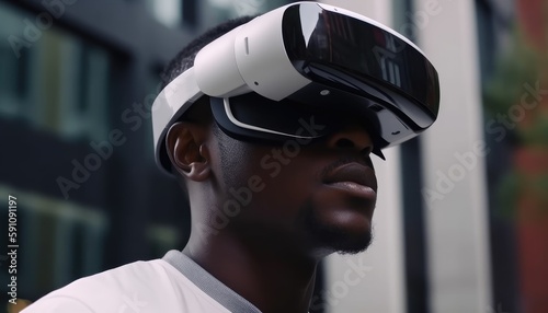 A young guy is wearing virtual reality glasses or VR head set and playing in virtual reality