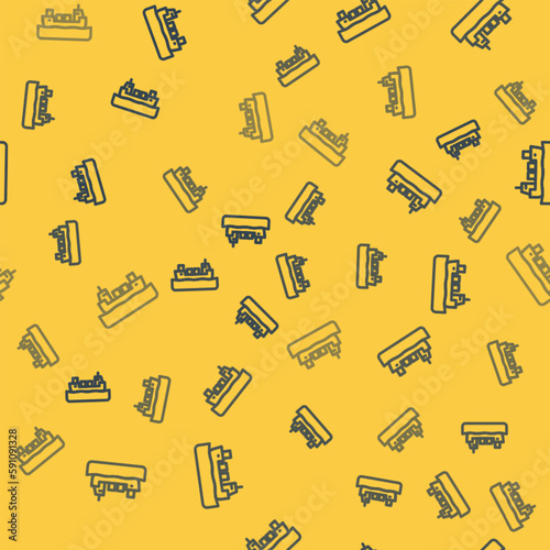 Blue line Oil tanker ship icon isolated seamless pattern on yellow background. Vector