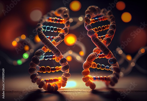 DNA, two polynucleotide chains with bokeh light background. Generative AI photo