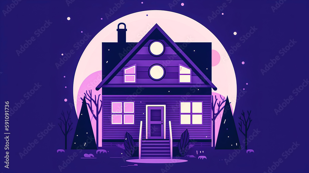 Naklejka premium House with glowing windows at night, creative illustration, generative AI.
